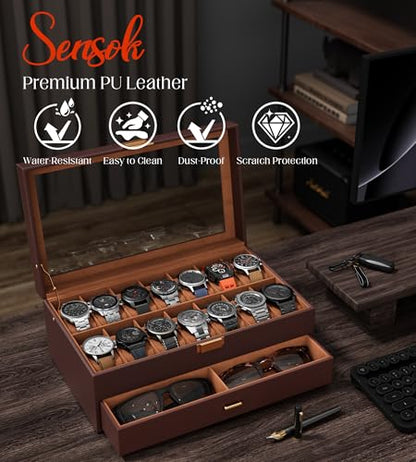 Watch Case Box for Men – 14 Slots Watch Display Organizer with 6-Compartment Eyeglasses Storage, Real Glass Lid 2-Layer PU Leather Collection Holder Gift for Loved Ones Brown - size: 14 Slots, Brown