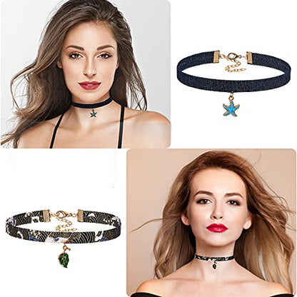 K&Q 30PCS Black Classic Gothic lace Velvet Pendant Necklace Chain Henna Chokers Necklaces Stretch Elastic for Women and teenagers