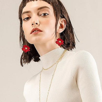 Bohemian Daisy Flower Matte Floral Long Petal Drop Dangle Earrings Layered Tiered for Women Chic Boho Wedding Jewelry - color: Big Red