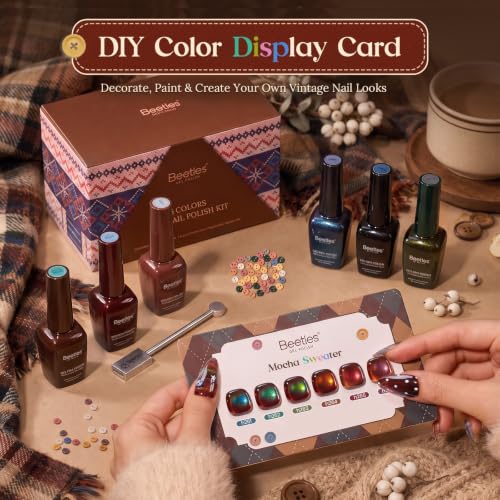 Beetles Mocha Sweater Cat Eye Gel Nail Polish Set, 6 Colors 9ml Fall Gel | Brown-Based Iridescent Cat Eye Gel Kit Magnetic Effect, Button Charms & Star Stickers & Magnet, Soak Off UV Salon at Home - color: A - Brown-Based Cat Eye | Mocha Sweater