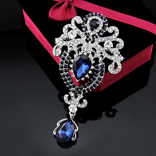 seven wolves Women Crystal Bouquet Brooch Pin All-Match Accessories Rhinestone Brooches and Pins - color: Dark Blue B