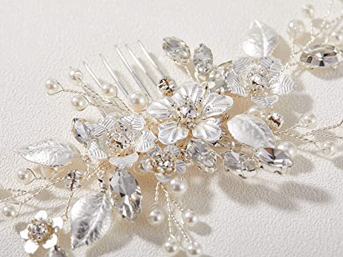 SWEETV Silver Bridal Hair Comb for Wedding Hair Accessories, Handmade with Crystals, Pearls, and Leaves, 4.72 x 2.75 inches, for Brides, Women | Handmade Crystals Pearls Leaves Bridal Hair Accessories, Wedding Hair Pieces for Brides Bridal Hair Pieces 4.7