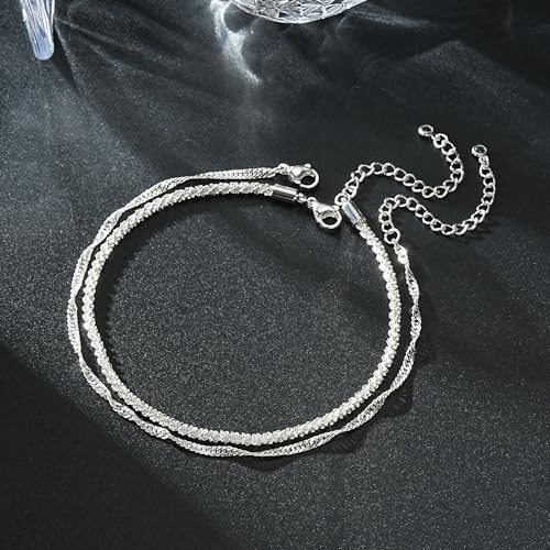 Ritach Gold/Silver Ankle Bracelets for Women 14K Gold Anklets for Women Waterproof Cuban Link Heart Bead Anklets Set Layered Anklet Bracelets for Women Gold Jewelry Gift - color: silver chain