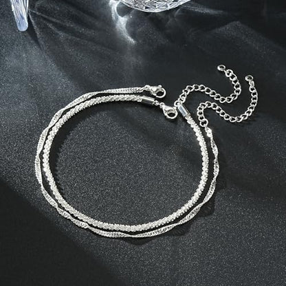 Ritach Gold/Silver Ankle Bracelets for Women 14K Gold Anklets for Women Waterproof Cuban Link Heart Bead Anklets Set Layered Anklet Bracelets for Women Gold Jewelry Gift - color: silver chain