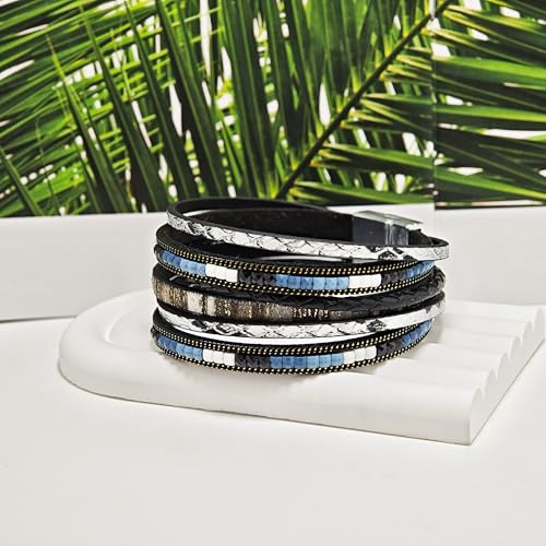 ZMANYIJEW Leather Wrap Bracelets for Women,Boho Cuff Bracelets Multi-Layer Crystal Beads Cuff Bracelet Multilayered Leopard Leather Braided Bangle Wrist Cuff Bangles - style: black