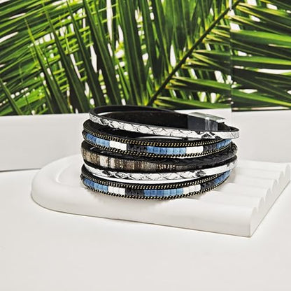 ZMANYIJEW Leather Wrap Bracelets for Women,Boho Cuff Bracelets Multi-Layer Crystal Beads Cuff Bracelet Multilayered Leopard Leather Braided Bangle Wrist Cuff Bangles - style: black