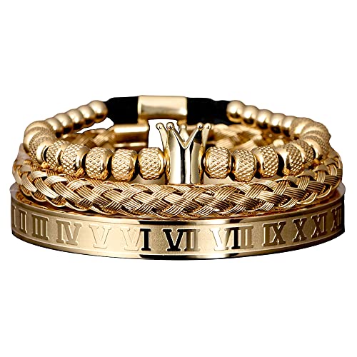 3pcs/set Classical Handmade Braiding Bracelet Hip Hop Men Pave CZ Leopard Head Roman Numeral Bracelet Stainless Steel Jewelry - color: 3pcs C Crwon Gold