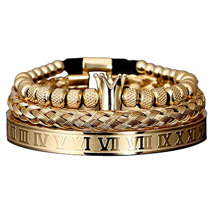 3pcs/set Classical Handmade Braiding Bracelet Hip Hop Men Pave CZ Leopard Head Roman Numeral Bracelet Stainless Steel Jewelry - color: 3pcs C Crwon Gold
