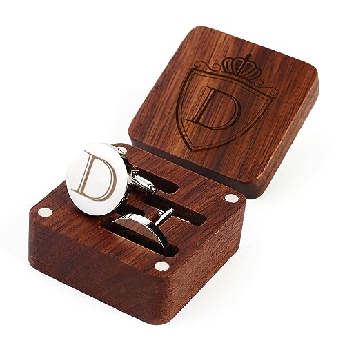 Mens Initial Silver Cufflinks A-Z Alphabet Letter Steel Cuff Links with Engraved Walnut Wood Box Groom Groomsman Wedding Set… - style: D