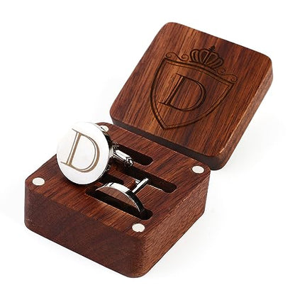 Mens Initial Silver Cufflinks A-Z Alphabet Letter Steel Cuff Links with Engraved Walnut Wood Box Groom Groomsman Wedding Set… - style: D