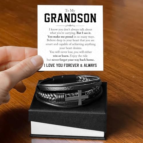 To My GrandSon Bracelet – Cross Braided Leather Bracelet, Meaningful GrandSon Gift from Grandpa & Grandma with Heartfelt Message Card & Elegant Gift Box for Birthday, Christmas, Graduation - color: Version#5