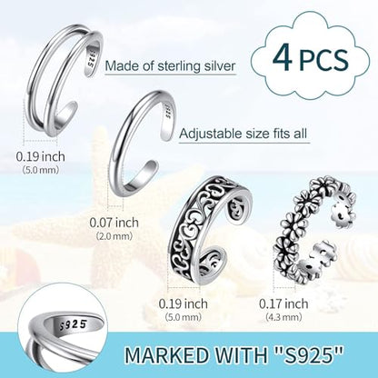 ChicSilver Toe Rings for Women 925 Sterling Silver Adjustable Toe Ring | 925 sterling silver, hypoallergenic for sensitive skin, adjustable open band, summer beach wear gift - color: N: Different Styles(4PCS)