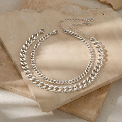 Tewiky Chunky Ankle Bracelets for Women,Dainty Layered Waterproof Anklet for Women Adjustable Cuban Set Stackable Cute Summer Beach Jewelry Gift - color: silver