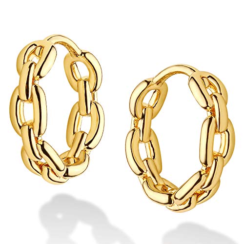 Dremmy Studios Dainty CZ Huggie Hoop Earrings 14K Gold Plated Chunky Simple Cute Thick Round Frill Bead Ball Starburst Cuff Earrings Cubic Zirconia Hoop Earrings Minimalist Personalized Gift for Her - color: Chain B