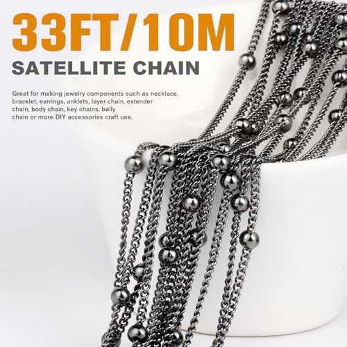 33FT 2mm Gunmetal Black Satellite Bead Chains Roll Bulk for Jewelry Making | 304 Stainless Steel Black Ball Beaded Twisted Curb Link Chains Spool for DIY Craft - color: Black Big Beads Satellite Curb Chain