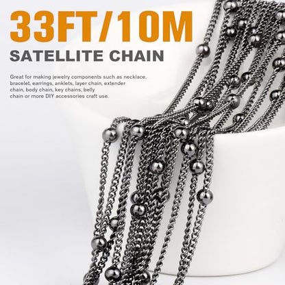 33FT 2mm Gunmetal Black Satellite Bead Chains Roll Bulk for Jewelry Making | 304 Stainless Steel Black Ball Beaded Twisted Curb Link Chains Spool for DIY Craft - color: Black Big Beads Satellite Curb Chain