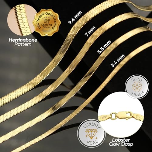 Herringbone Chain Necklace for Women Men 18K Gold Over Italian 925K Stamped Solid Sterling Silver, 3.4mm-5.5mm-7mm-9.4mm-11mm Wide Flat Snake Chain, Made in Italy - size: 16 Inch, style: WIDTH - 3.4MM