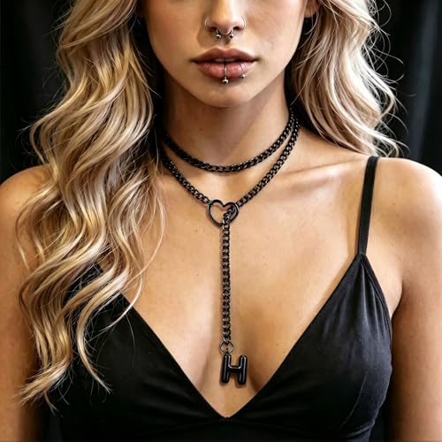 Black Heart Slip Chain Initial Necklaces for Women, Stainless Steel Wrap Choker Necklace, Gothic O-Ring Adjustable Lariat Y Necklaces, Punk Cuban Collar Choker Necklace, Halloween Jewelry Gift - color: Black H