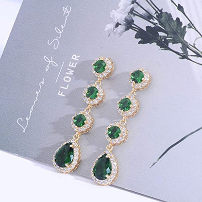 Women's Cubic Zirconia Bridal Earrings - Elegant Long Wedding Party Prom Earring for Bride Bridesmaids Crystal CZ Rhinestone Chandelier Statement Dangle Drop Earrings for girls - color: Green-gold