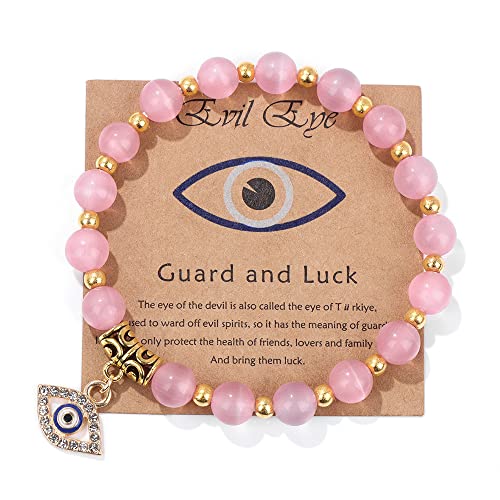 Evil Eye Bracelet for Women Men Natural Stone Beads Handmade Bracelet Inspirational Bracelet with Gift Message Card Kabbalah Protection Good Luck Jewelry Gift - color: Pink