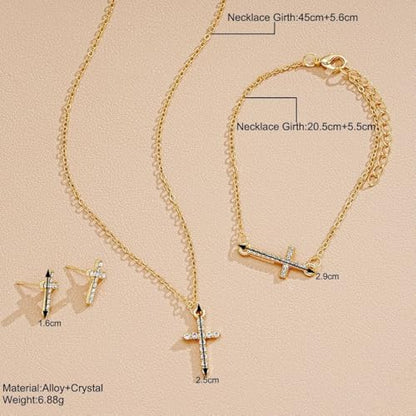 Dainty Cross Jewelry Set Sparkling Rhinestones Earrings Bracelet Necklace Set for Women Religious Faith Cubic Zirconia Cross Studs Earrings Jewelry Set - style: Cross