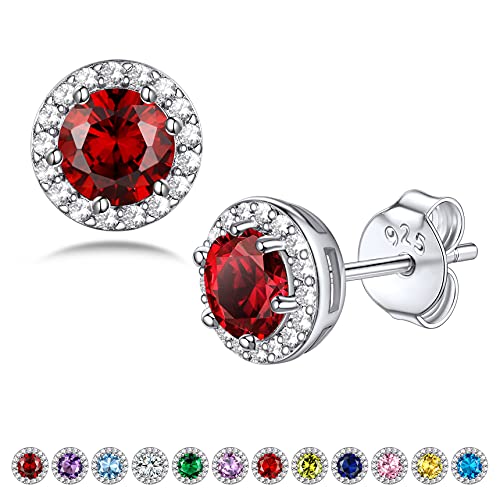 Bestyle Sparkling 925 Sterling Silver Birthstone Stud Earrings for Women, Heart/Round/Teardrop/Square Solitaire Diamond Studs Earrings, Great Birthday/Christmas Gifts - style: 01. Red Garnet-Jan-round
