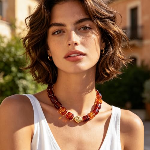 Chunky Beaded Necklace for Women,Square Resin beads boho Choker Necklace with gold-tone spacers,Fashion Trendy Summer Beach Party Necklaces Handmade Surfer Beach Necklaces Jewelry Gifts - color: Amber