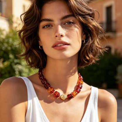 Chunky Beaded Necklace for Women,Square Resin beads boho Choker Necklace with gold-tone spacers,Fashion Trendy Summer Beach Party Necklaces Handmade Surfer Beach Necklaces Jewelry Gifts - color: Amber