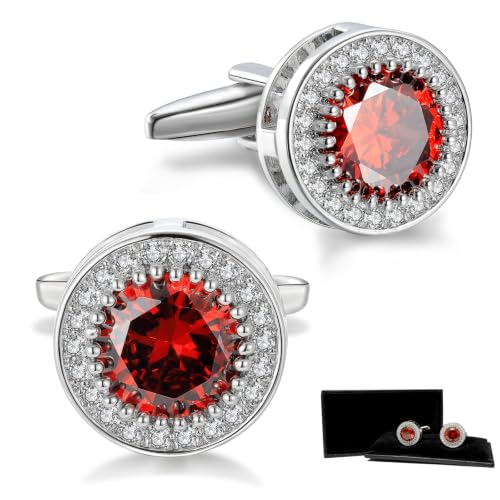 Crystal Cufflinks for Men CZ Cuff Links Sparkle Diamond Gold Ornate Cufflinks for Wedding Groom Best Man - style: Red