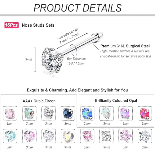 SEEDRILL Nose Rings Studs for Women 16Pcs 20G/18G Nose Studs Hypoallergenic 316L Surgical Steel Nose Piercings Jewelry 3mm CZ & Opal Nose Ring L Shape Nose Stud 20 Gauge Nose Screw Studs - style: 18G/Straight Shape/Colorful CZ