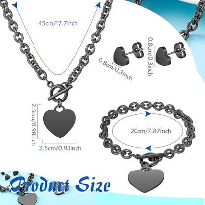 3 Pcs Heart Bow Snow Jewelry Set | Heart Necklace with Bracelet Earring, Snow Jewelry Set for Women, Bow Charms Toggle Gifts - color: Black, style: Stainless Steel Heart