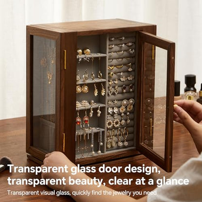 360 Rotating Design Wooden Jewelry Box for Women | Large Jewelry Organizer with Velvet Lining, 5 Drawers, Transparent Glass Doors, Black Walnut Wood Grain - size: Rotation