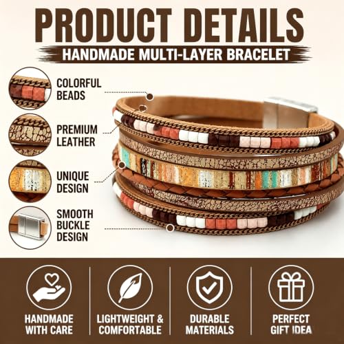 Leather Wrap Bracelets for Women, Boho Leopard Multi-Layer Crystal Beads Cuff Jewelry - color: J-Warp-034