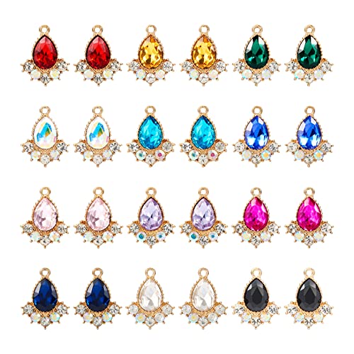 Cheriswelry 24Pcs Faceted Glass Teardrop Alloy Pendants Rhinestone Crystal Water Drop Dangle Charms 12 Colors 20x16x5mm for Necklace Bracelet Earring Jewelry Making - color: Mixed Color*17
