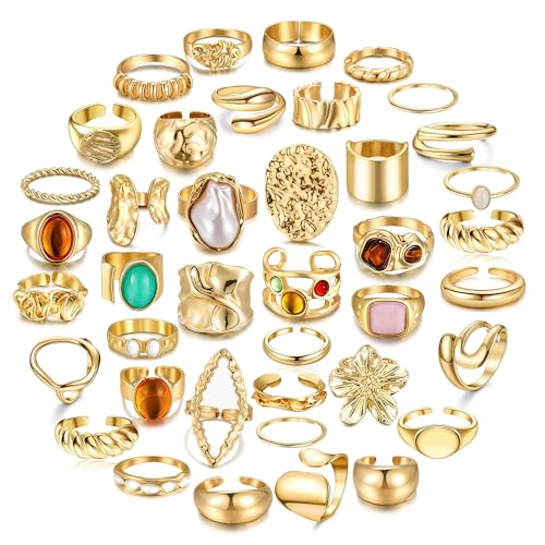RIOSO Chunky Rings Set for Women Thick Large Big Bulk Statement Dainty Fashion Stackable Knuckle Ring Womens Chunky Rings Jewelry Sets