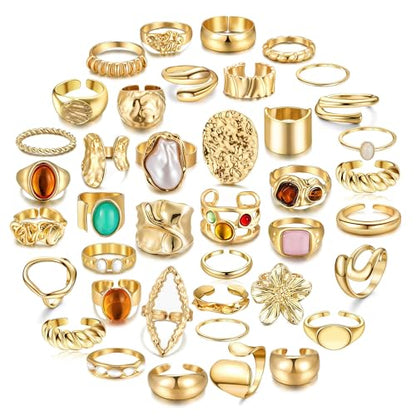 RIOSO Chunky Rings Set for Women Thick Large Big Bulk Statement Dainty Fashion Stackable Knuckle Ring Womens Chunky Rings Jewelry Sets