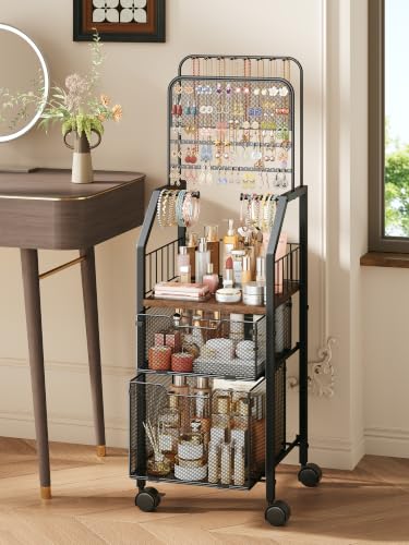 SWTYMIKI Jewelry Organizer with Drawers- Metal Jewelry Holder Stand Large Necklace Holder and Earring Organizer Display, Rolling Jewelry Storage Makeup Organizer for Bedroom Vanity Closet Espresso - color: Espresso