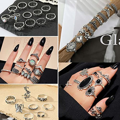 17IF Vintage Silver Knuckle Rings Set for Women Men, Chunky Boho Rings | Aesthetic Snake Grunge Stackable Gothic Ring Adjustable Y2K Punk Bulky Finger Alt of Rings, Stacking Flower Midi Ring Pack - style: 60
