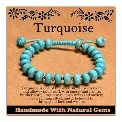 468Handmade Adjustable Natural Gemstone Crystal Bracelet Healing Power Energy Inspirational Gifts with Card for Unisex - color: 25-Turquoise (Safety), size: 5x8mm