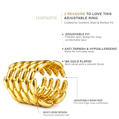 Namami Adjustable Gold Plated & Rhodium Plated(Silver) Wrap Rings for Women | Stackable Pure Brass Tarnish Free & Hypoallergenic, Minimilist Brick Design, 18K Gold Plated Wide Band Chunky Statement Ring - color: Gold