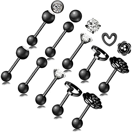 10 Pairs 16g Ear Cartilage Helix Surgical Stainless Steel Cubic Zirconia Stud Cartilage Earrings Huggie Screw Backs Ear Tragus Auricle Cute Love Heart Flower Barbell Piercing Set 4mm - color: Black