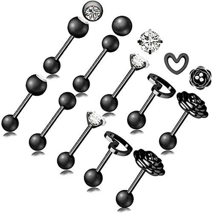 10 Pairs 16g Ear Cartilage Helix Surgical Stainless Steel Cubic Zirconia Stud Cartilage Earrings Huggie Screw Backs Ear Tragus Auricle Cute Love Heart Flower Barbell Piercing Set 4mm - color: Black