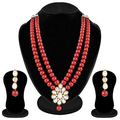 Aheli Wedding Faux Kundan Pendant Beaded Necklace Earrings Set Bollywood Indian Bharatanatyam jewellery set Gift for Women - color: Maroon