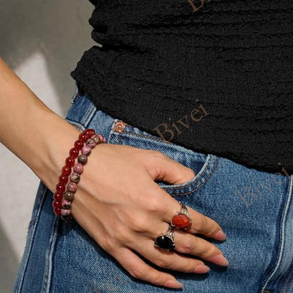 Bivei 8mm Beaded Bracelets for Women Handmade Semi Precious Natural Stone Stretch Elastic Jewelry Yoga Protection Gifts - color: Carnelian - Passion, size: Medium 6.8-7.3 inch