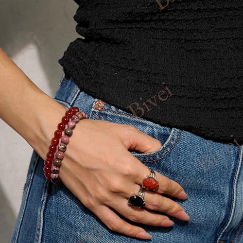 Bivei 8mm Beaded Bracelets for Women Handmade Semi Precious Natural Stone Stretch Elastic Jewelry Yoga Protection Gifts - color: Carnelian - Passion, size: Small 6.5-6.7 inch