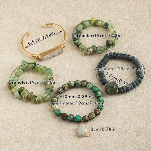 Yomisa Boho Beaded Bracelets/Bangle for Women,Multilayer 5/6/7PCS Healing Natural Handmade Stone Bead Bracelets Stackable Stretch Friendship Beaded Bracelet Set Trendy Western Bohemian Jewelry Gift - color: 5pcs-Light green