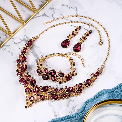 Wedding Bridal Jewelry Set for Women Bride Bridesmaids | Gorgeous Austrian Crystal Teardrop Cluster Statement Necklace Dangle Earrings Link Bracelet Set Prom Jewellery - color: 14-Deep Amethyst Color Gold-Plated-Base