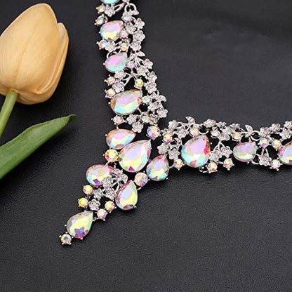 CSY Elegant Crystal Costume Jewelry Sets Flower Bridal Necklace Earrings Stretch Bangle Set for Bride Bridesmaid Wedding Dress Accessories - color: AB crystal