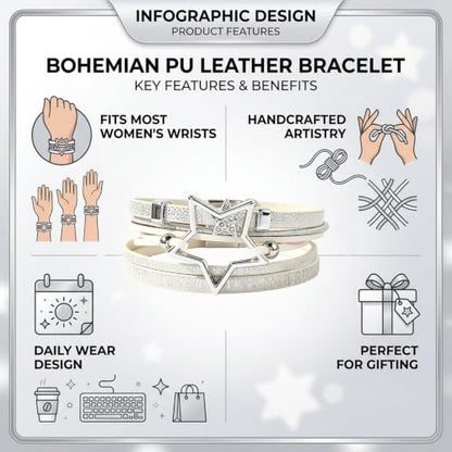 Leather Wrap Bracelets for Women Boho Layered Cuff Bracelets Bling Bohemian Jewelry - color: White