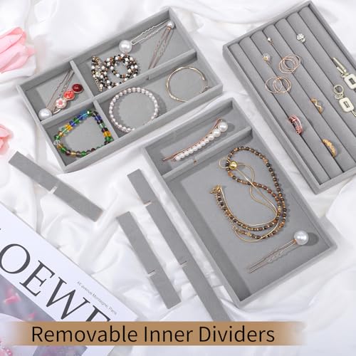 Stackable Jewelry Organizer Trays, 6-Piece Velvet Set, Gray | Removable Dividers, Soft Velvet Lining, Stackable Drawer Trays For Earrings, Rings, Bracelets And Necklaces - color: Gray